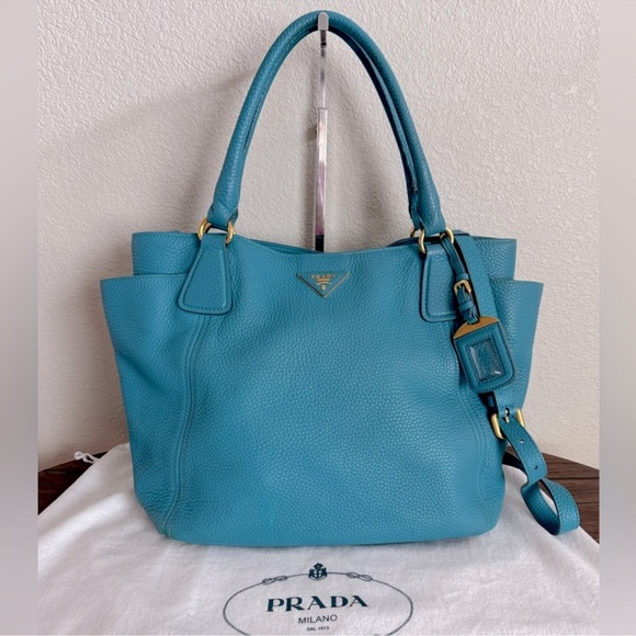 Prada Vitello Daino bright blue two way leather bag EUC - Picture 7 of 7